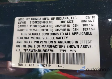 2018 Honda Cr-V Ex-L/Ex-L Navi из США, поврежденный, VIN 7FARW2H80JE036791